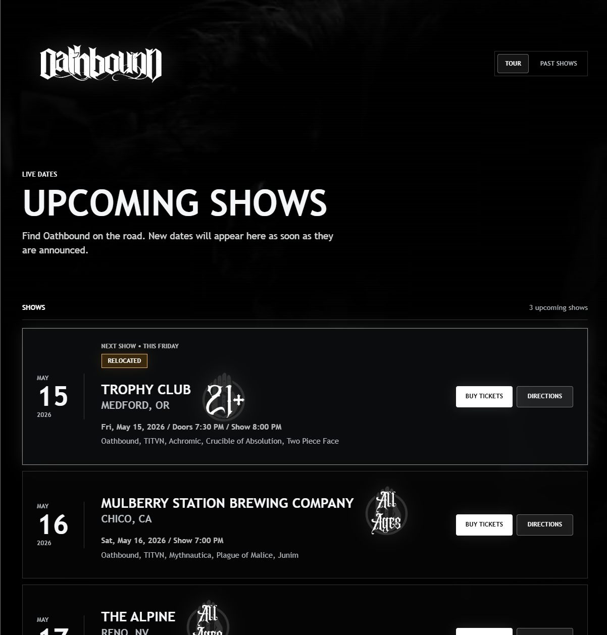 Oathbound tour page with upcoming shows