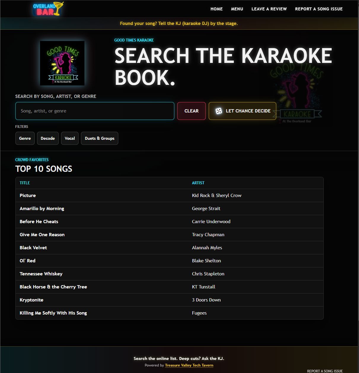 Overland Bar karaoke songbook page