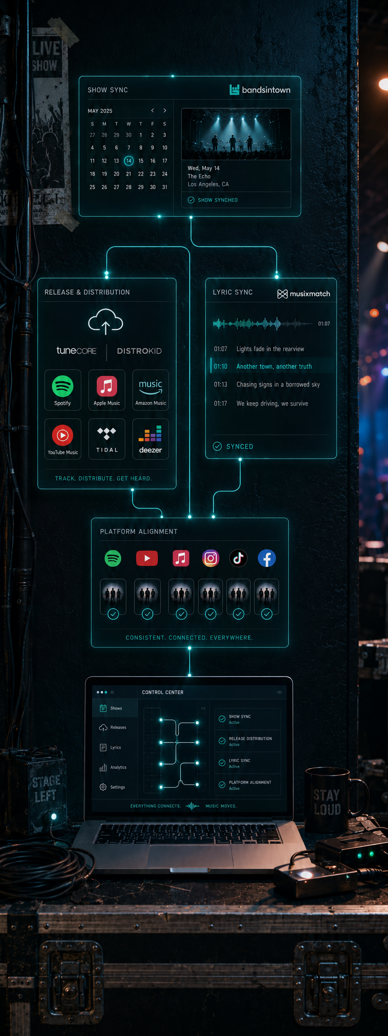 Digital setup and distribution workflow showing show sync, release distribution, lyric sync, platform alignment, and a control center