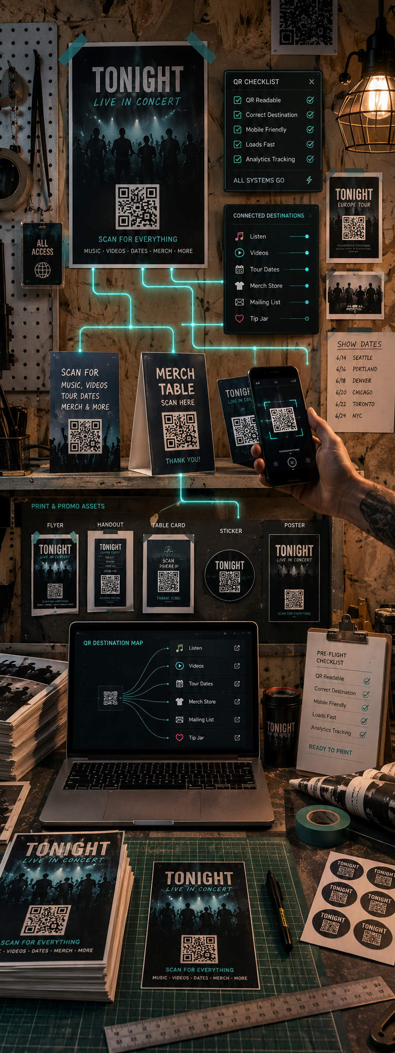 Print and QR coordination setup with concert flyers, QR cards, destination checklists, merch table signs, stickers, and a QR destination map