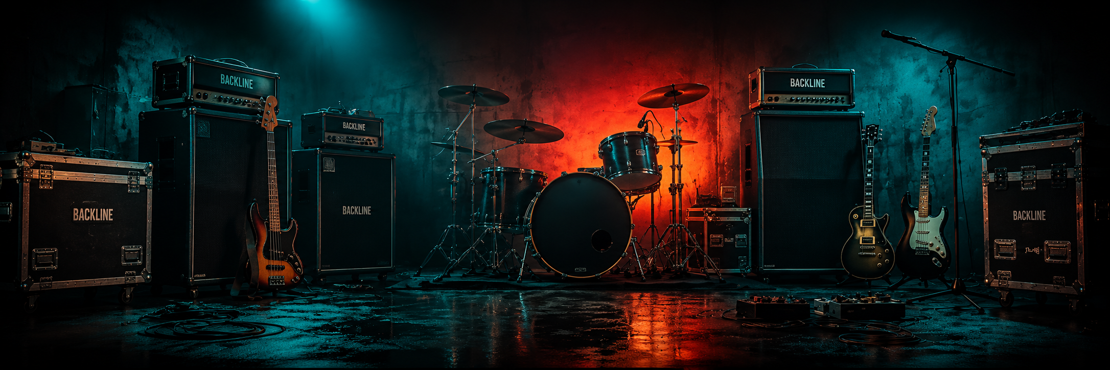 Stage backline with drums, guitars, amplifiers, cases, and microphones under teal and red lights