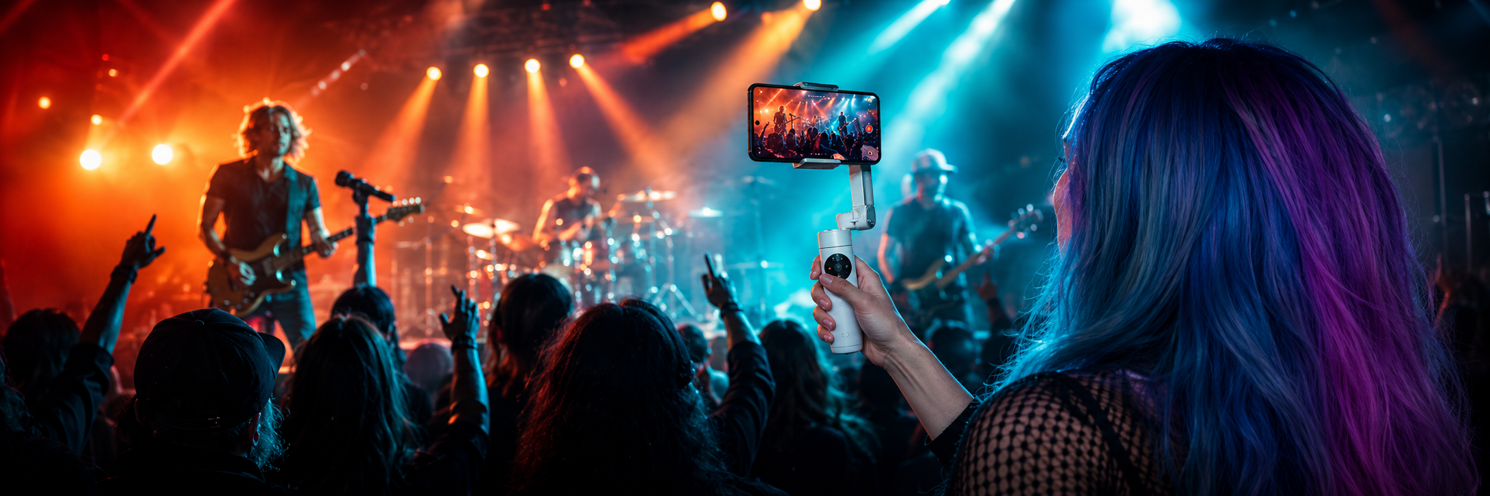 A live band being filmed on a phone from the crowd under bright concert lights