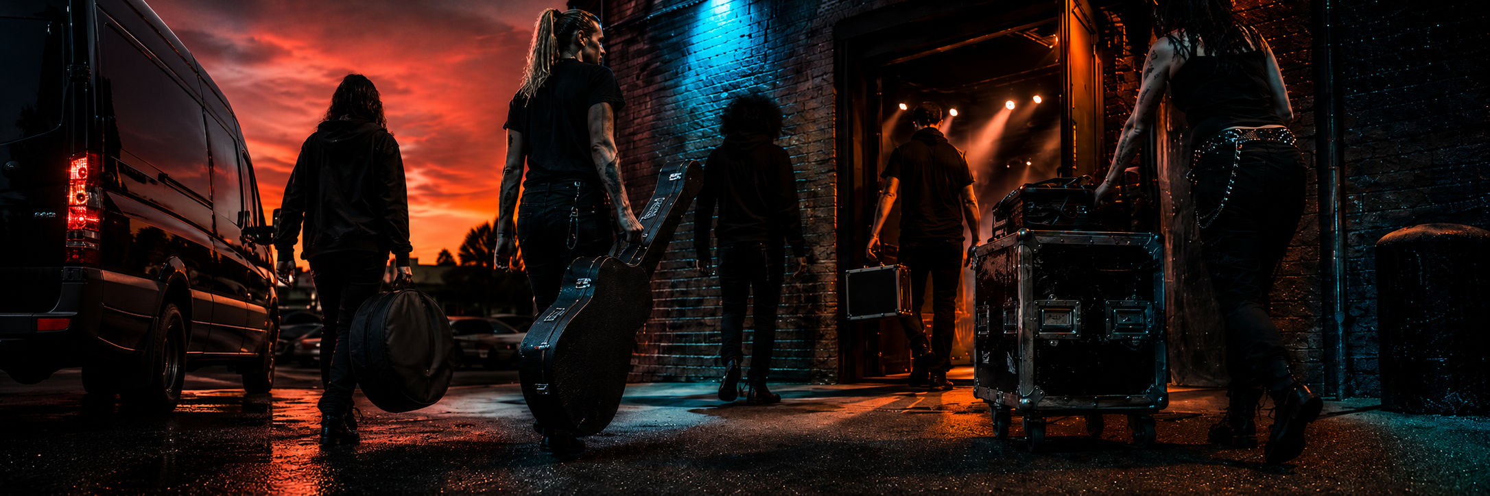 Band members carrying gear from a van into a venue at sunset