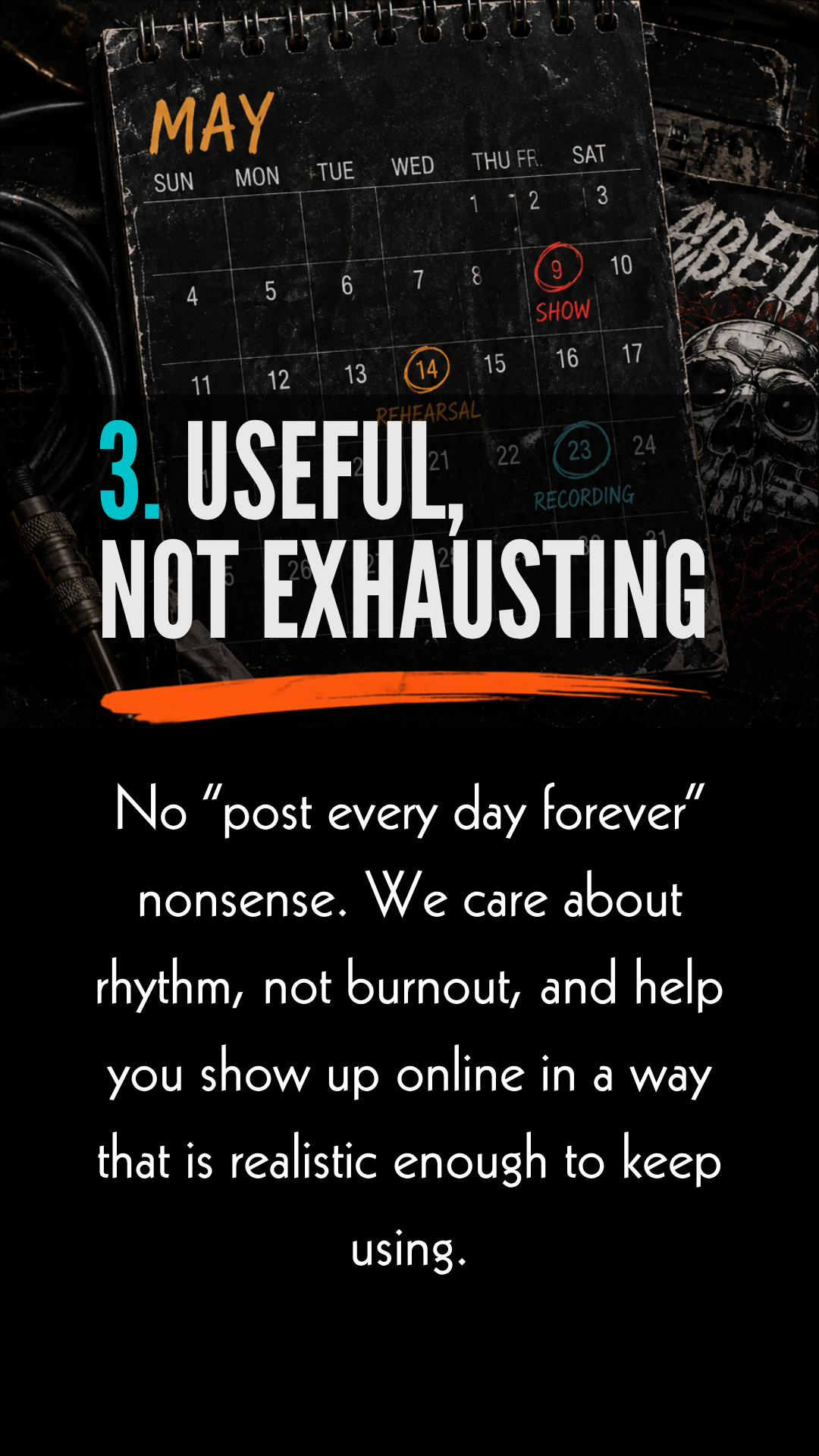 Useful, not exhausting. No post every day forever nonsense. We care about rhythm, not burnout, and help you show up online in a way that is realistic enough to keep using.