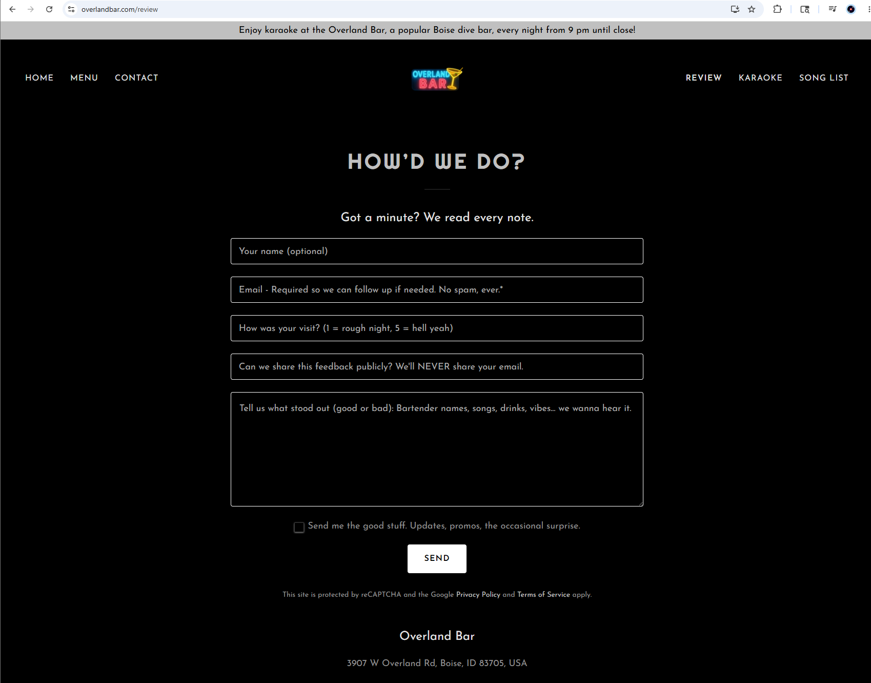 Overland Bar feedback page