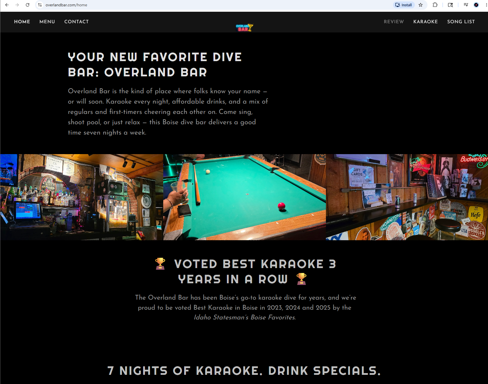 Overland Bar website home page
