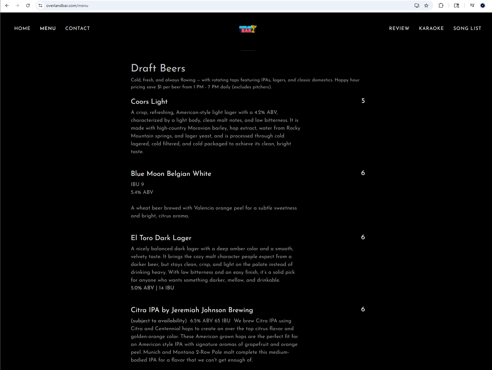 Overland Bar menu page